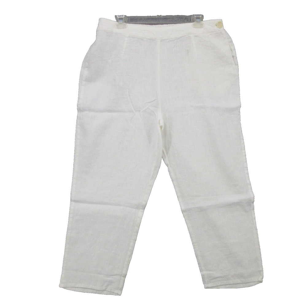 FLAX Designs Linen Pants Medium Side Button White Elastic Waist New
